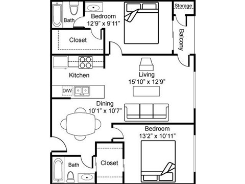 Floor plan for 2 beds, 2 baths, 950 sqft